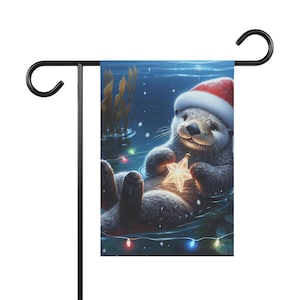 Christmas Sea Otter Garden Banner, Holiday Outdoor Decor, Glowing Star House Flag, Festive Yard Sign, Winter Animal Lover Gift