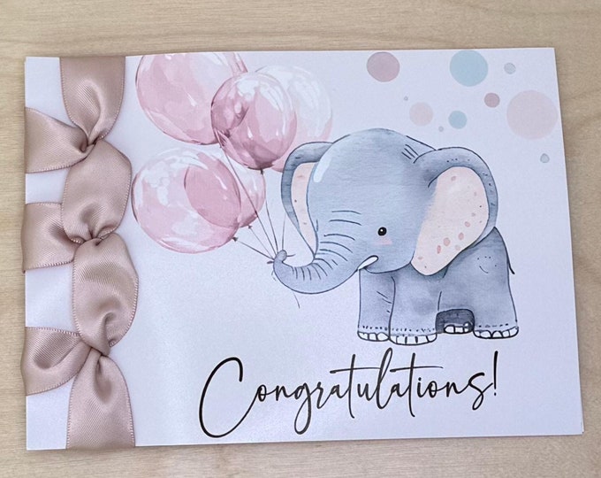 Custom Baby Girl Congratulations Card, Satin Ribbon, Elephant Art