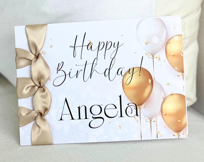 Personalized Birthday Card: Satin Ribbon & Gold Balloons