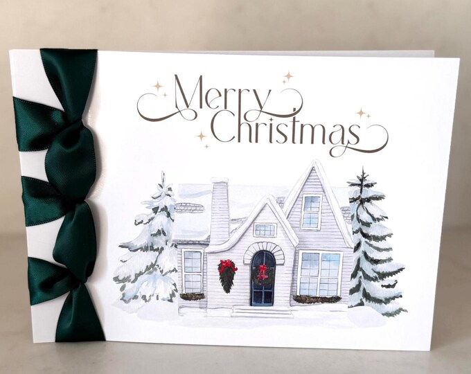 Handmade Christmas Card | Home in Snow, Satin Ribbon | Personalized Holiday Greeting