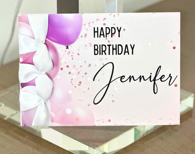 Custom Birthday Card, Satin Ribbon, Balloons, Personalized
