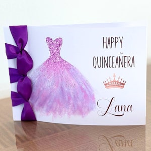 Carte d'anniversaire personnalisée faite main, Happy Quinceañera, ruban de satin, carte de luxe, carte personnalisée, carte avec nom dessus
