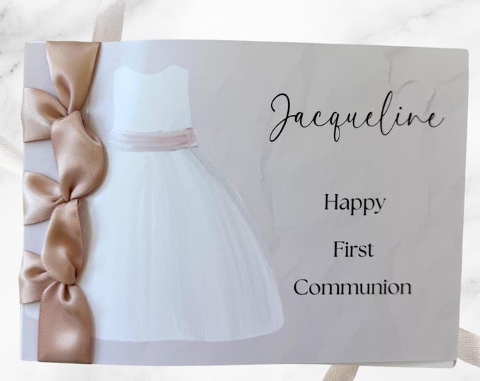 Personalized First Communion Card for Girl | Handmade Satin Ribbon Religious Card
