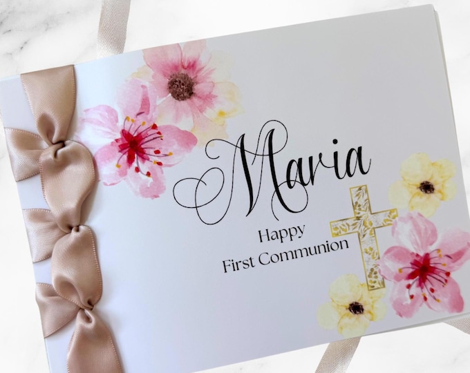 Personalized First Communion Card for Girl | Handmade Satin Ribbon Religious Card