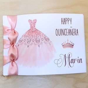 Carte d'anniversaire personnalisée faite main, Happy Quinceañera, ruban de satin, carte de luxe, carte personnalisée, carte avec nom dessus
