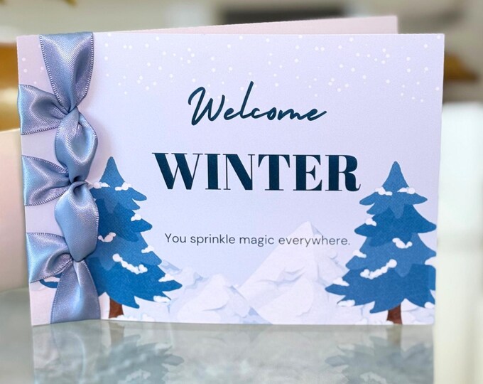 Personalized Winter Card with Satin Ribbon, Handmade Cotton Cardstock