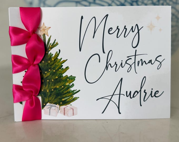 Handmade Christmas Card | Elegant Tree, Satin Ribbon, Personalized