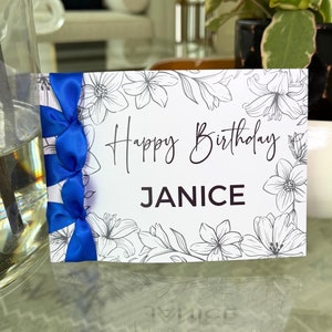 Carte d'anniversaire faite main personnalisée, ruban de satin, carte de luxe, carte personnalisée, carte avec nom dessus