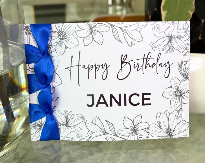 Personalized Birthday Card, Satin Ribbon, Handmade Cotton Cardstock