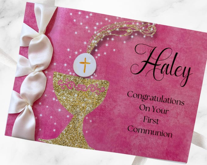 Personalized First Communion Card for Girl | Handmade Satin Ribbon Religious Card
