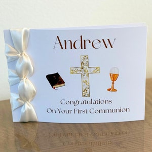 Carte de première communion personnalisée faite main, ruban de satin, carte de luxe, carte de voeux personnalisée, carte avec nom dessus, carte pour garçon