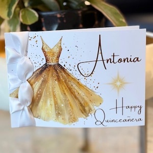 Carte d'anniversaire personnalisée faite main, Happy Quinceañera, ruban de satin, carte de luxe, carte personnalisée, carte avec nom dessus