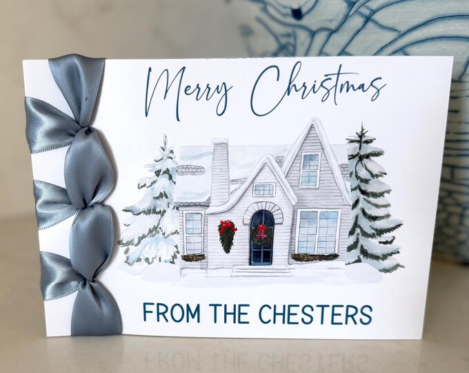 Custom Christmas Card | Home in Snow, Satin Ribbon | Personalized Holiday Greeting