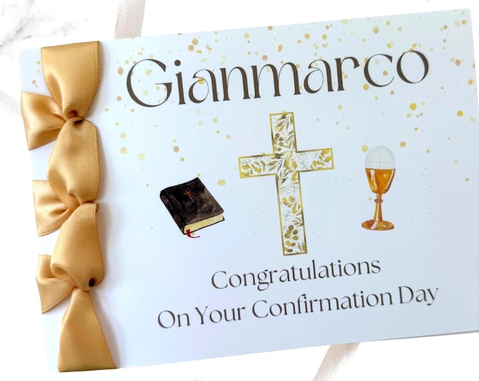 Personalized Confirmation Card for Boy | Handmade Satin Ribbon Religious Card