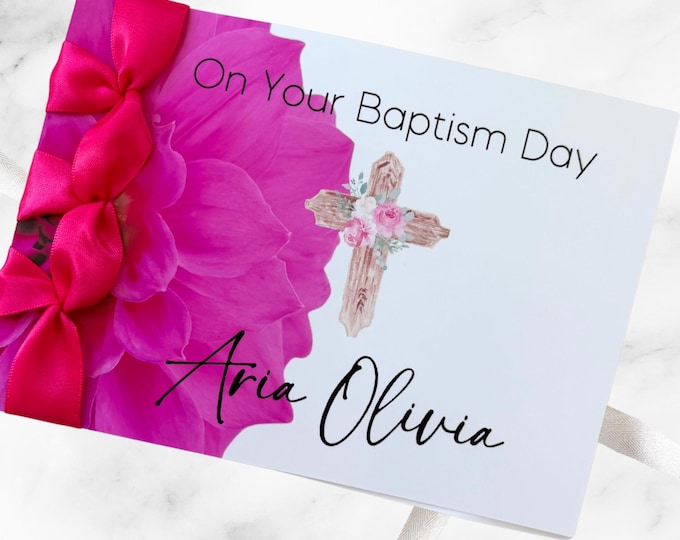 Personalized Baptism Card for Girl | Handmade Satin Ribbon Religious Card