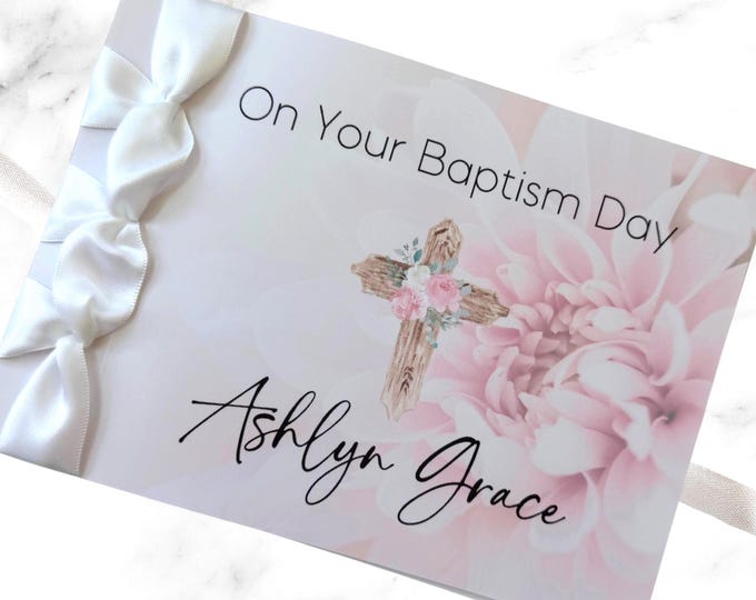 Personalized Baptism Card for Girl | Handmade Satin Ribbon Religious Card