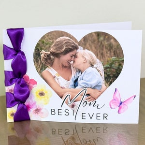 Carte de fête des mères faite main personnalisée, ruban de satin, carte de luxe, personnalisée, joyeuse fête des mères, carte avec une photo, meilleure maman de tous les temps