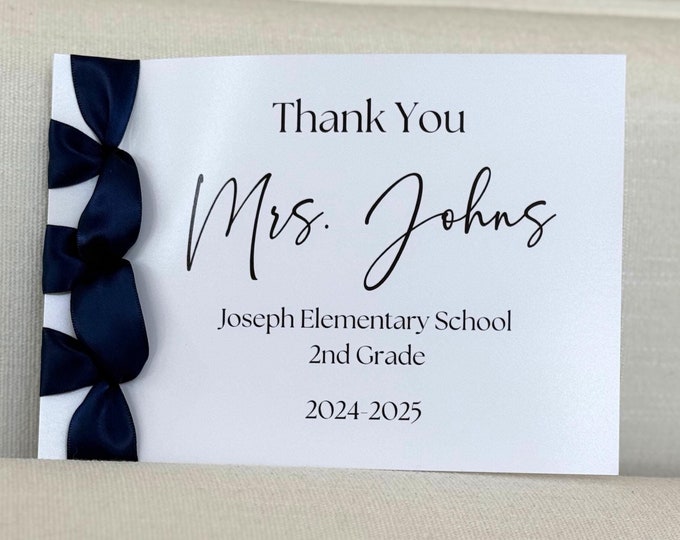 Personalized Teacher Thank You Card | Handmade Satin Ribbon, Cotton Cardstock