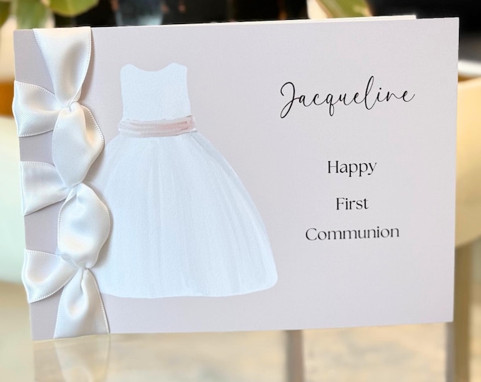Personalized First Communion Card for Girl | Handmade Keepsake with Satin Ribbon