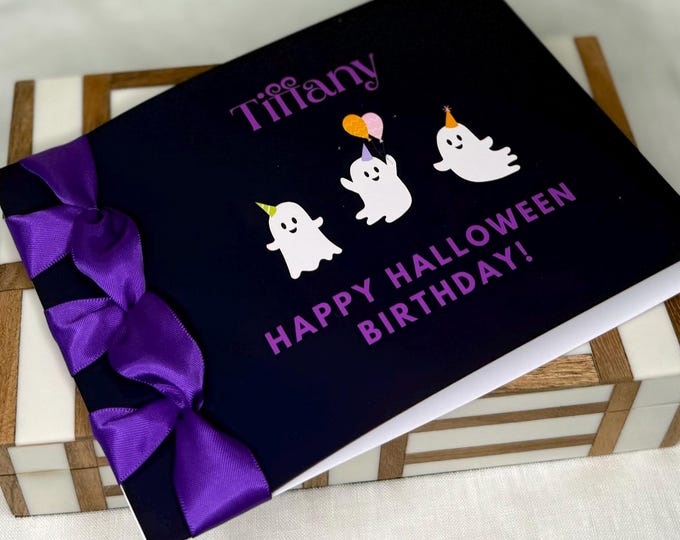 Custom Handmade Birthday Card: Halloween Birthday, Satin Ribbon, Japanese Binding