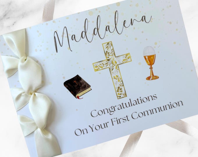 Personalized First Communion Card for Girl | Handmade Satin Ribbon Religious Card