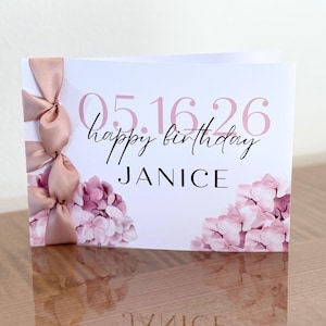 Carte d'anniversaire faite main personnalisée, ruban de satin, carte de luxe, carte personnalisée, carte avec nom et date