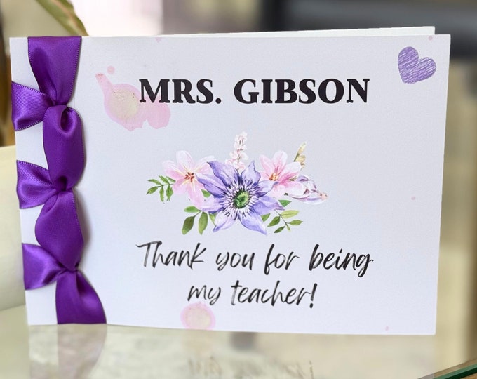 Custom Teacher Thank You Card, Handmade with Satin Ribbon