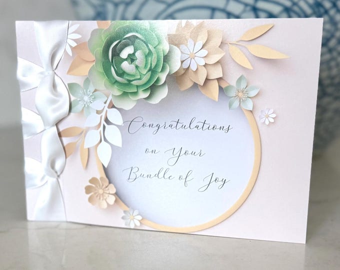 Personalized Baby Shower Card | Luxury Handmade Keepsake with Satin Ribbon
