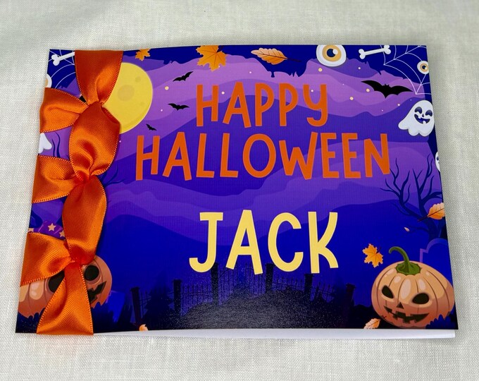 Handmade Halloween Card: Satin Ribbon, Japanese Binding, Custom Message