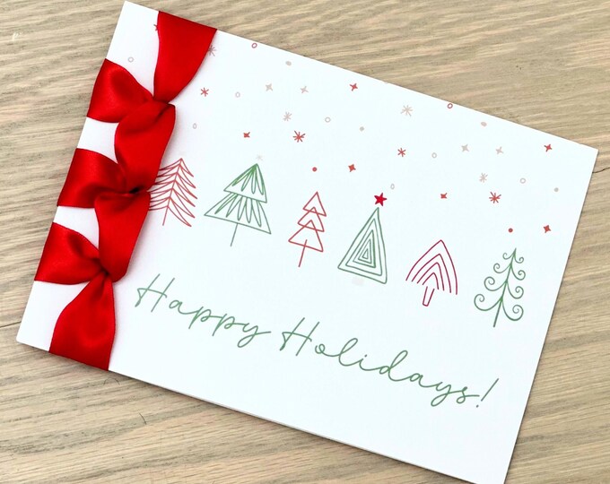 Handmade Christmas Card, Satin Ribbon, Holiday Tree, Personalized