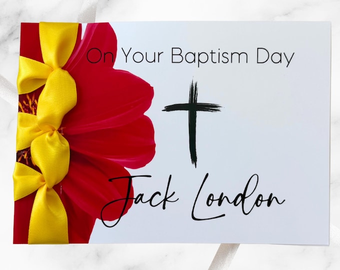 Personalized Baptism Card for Boy | Handmade Satin Ribbon Religious Card