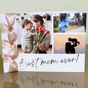 Carte de fête des mères faite main personnalisée, ruban de satin, carte de luxe, personnalisée, joyeuse fête des mères, carte avec photos, meilleure maman de tous les temps