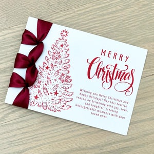 Carte de Noël faite main personnalisée, Ruban de satin, Carte de voeux de luxe, Joyeux Noël, Sapin de Noël rouge