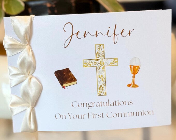 Personalized First Communion Card | Handmade Keepsake with Satin Ribbon