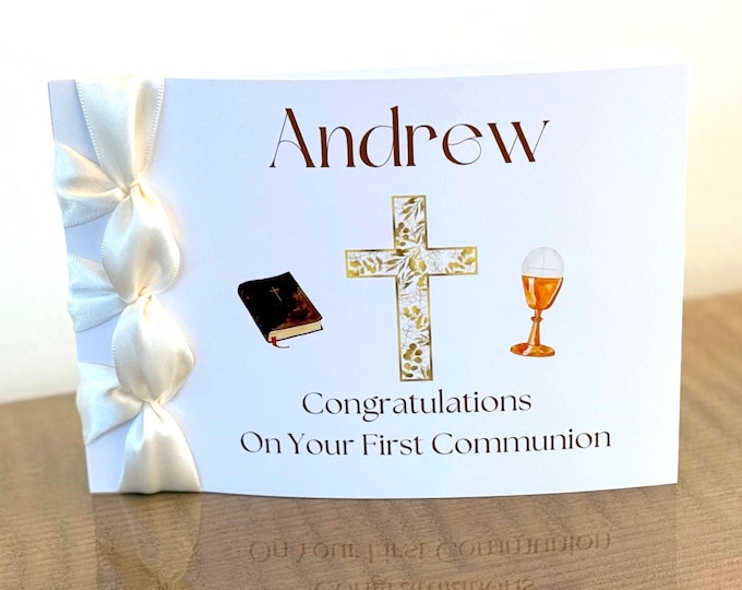 Handmade First Communion Card, Satin Ribbon, Personalized Luxury Card
