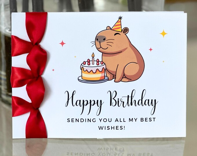 Handmade Capybara Birthday Card, Satin Ribbon, Personalized Luxury Card