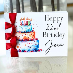Carte d'anniversaire faite main personnalisée, ruban de satin, carte de luxe, carte personnalisée, carte avec âge, gâteau d'anniversaire