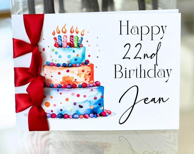 Handmade Birthday Card, Satin Ribbon, Personalized Cake Card