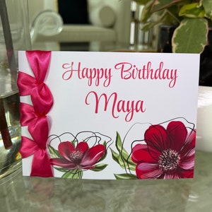Carte d'anniversaire faite main personnalisée, ruban de satin, carte de luxe, carte personnalisée, carte avec nom dessus
