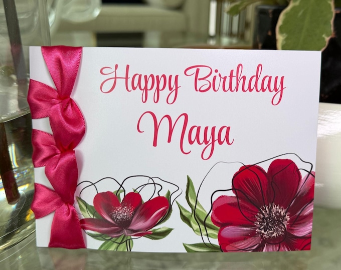 Handmade Floral Birthday Card, Satin Ribbon, Personalized Name