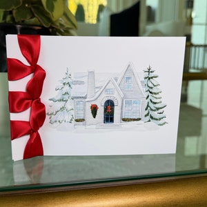 Carte de Noël personnalisée faite main, Ruban de satin, Carte de voeux de luxe, Joyeuses fêtes, La maison sous la neige