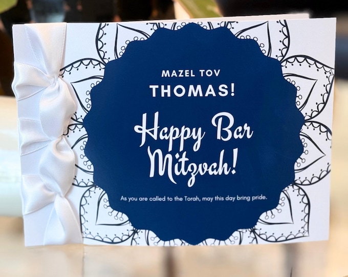 Personalized Bar Mitzvah Card | Handmade Cotton Cardstock, Satin Ribbon