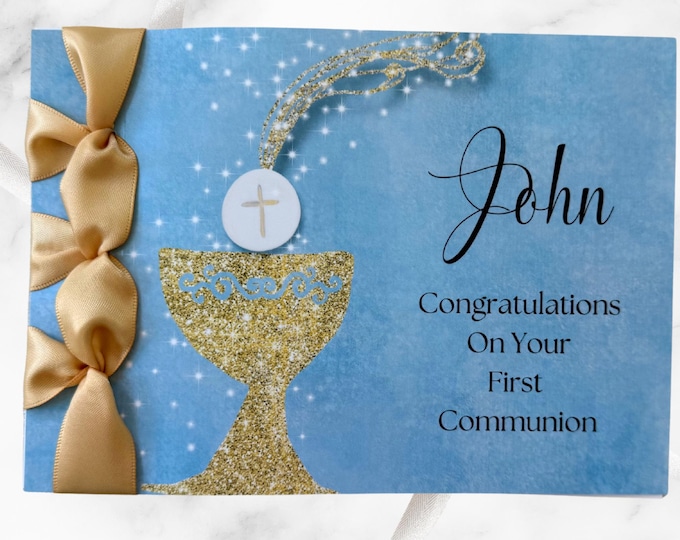 Personalized First Communion Card for Boy | Handmade Satin Ribbon Religious Card