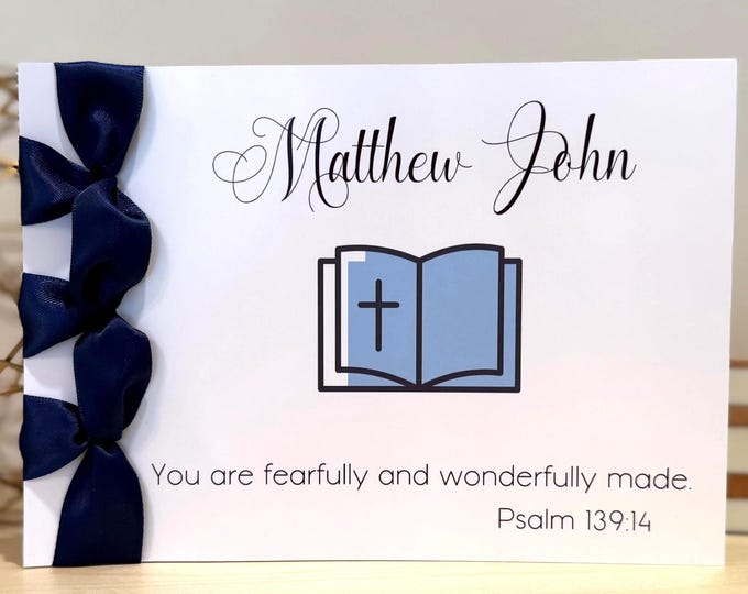 Personalized First Communion Card for Boy | Handmade Satin Ribbon Religious Card