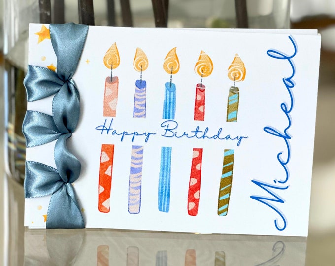 Handmade Personalized Birthday Card, Satin Ribbon, Japanese Binding