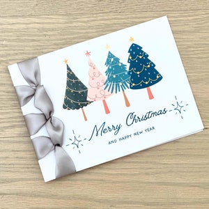 Carte de Noël personnalisée faite main, Ruban de satin, Carte de voeux de luxe, Joyeux Noël, Sapins de Noël