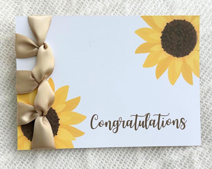 Handmade Sunflower Congratulations Card, Satin Ribbon, Japanese Binding