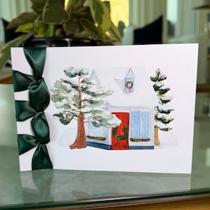 Carte de Noël personnalisée faite main, Ruban de satin, Carte de voeux de luxe, Joyeuses fêtes, La maison sous la neige