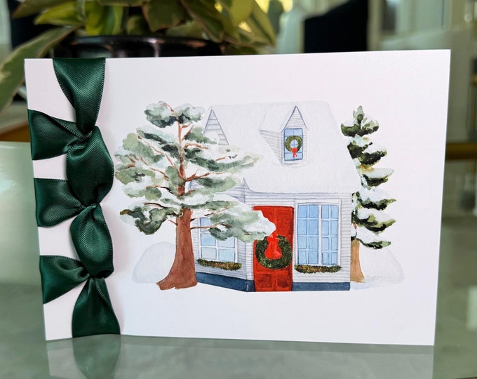 Custom Handmade Christmas Card, Satin Ribbon, Luxury Card, Happy Holidays, Home in the Snow