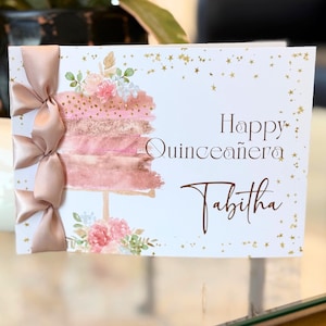 Carte d'anniversaire personnalisée faite main, Happy Quinceañera, ruban de satin, carte de luxe, carte personnalisée, carte avec nom dessus